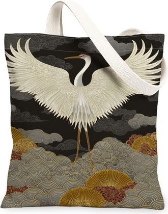 Generic Crane Canvas Tote Bags, Bird Pattern Reusable Grocery Bags, Vintage Asian Style Lightweight Washable Shoulder Strap Canvas, Black, 13x15 Inch