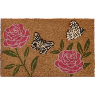 Imports Decor Floral Butterfly Coir Door Mat, Natural Coconut Fiber Entry Rug with Non-Skid PVC Backing