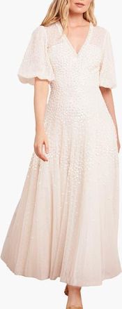 Needle & Thread Scallop Sequin V-neck Ankle Gown in Cream at Nordstrom, Size 20