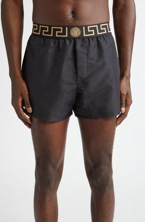 Versace Greca Medusa Swim Trunks in Black Gold Greek Key at Nordstrom, Size 6