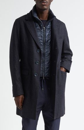 Herno Wool Blend Herringbone Topcoat with Removable Insulated Bib in Blue Navy at Nordstrom, Size 34 Us
