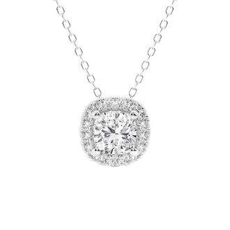 Grown Brilliance 0.7 Carat 14K White Gold Cushion Cut Lab Grown Diamond 18 Center Halo Pendant Necklace - Color/Clarity-GVSI