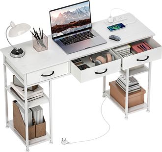 HOMCOM Computer Writing Desk With Power Outlets - Drawers - Shelves - White/Rustic Brown - Rustic Brown | TJ Hughes White