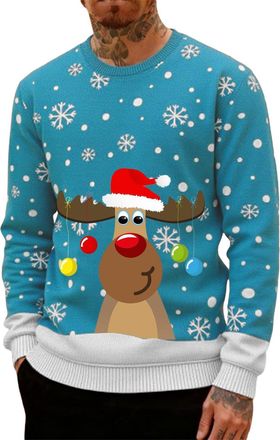 Generic Christmas Jumpers for Men UK Funny Ugly Reindeer Print 3D Graphic Tops Oversized Novelty Xmas Sweatshirt Crew Neck Long Sleeve Pullover Sweater Mens H