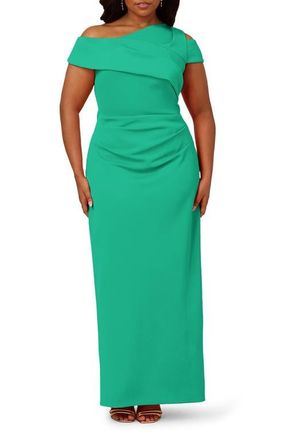 Adrianna Papell Asymmetric Drape Sheath Gown in Flora Green at Nordstrom, Size 18W
