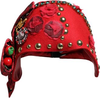 Dolce & Gabbana Womens Red Crystal Gold Roses Brooch Embellished Hat Silk - One Size