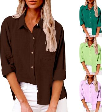 Generic Womens Blouses Casual Long Sleeve Linen Shirt for Women UK Cotton Gauze Shirt Ladies Loose Fit Button Down Basic Tunic Tops with Pocket Work Office 20