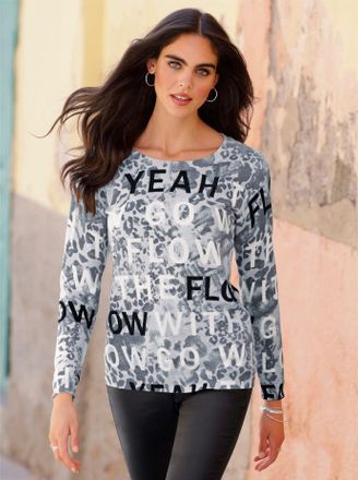 Heine Strickpullover HEINE Druck-Pullover, Damen, Gr. 44, grau (hellgrau, schwarz, bedruckt), 100% Baumwolle, animal-print, bedruckt, gemustert, mehrfarbig,