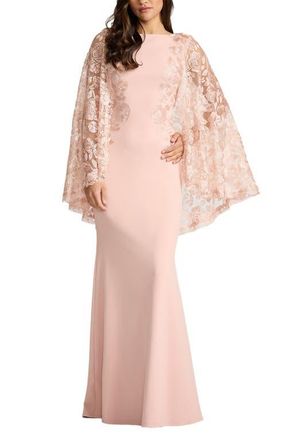 Tadashi Shoji Embroidered Capelet Long Sleeve Gown in Pale Pink at Nordstrom, Size 12