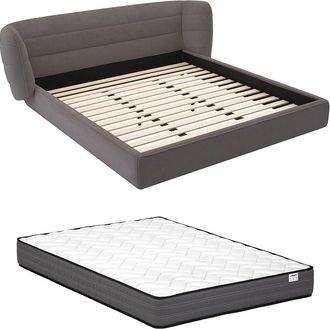 Vente-Unique Cama 140 x 200 cm con cabecero curvado - Tela de rizo - Gris + Colch&oacute;n - LARUMO de Maison C&eacute;phy