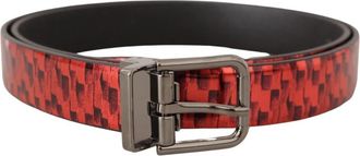 Dolce & Gabbana Rood Herringbone Leren Riem met Grijze Gesp - Heren - Riemen - Rood - ONE Size - Leer - Accessoires