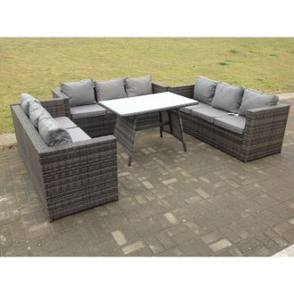 Fimous Fimous - Outdoor Rattan Garden Furniture Lounge Sofa Set With Oblong Dining Table With Clear Tempered Glass
