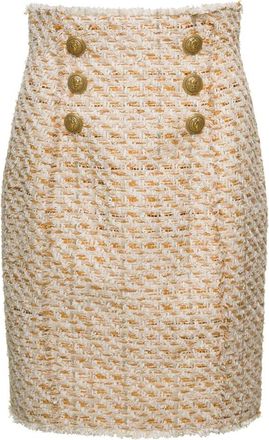 Balmain Beige Tweed Rok met Gouden Knopen - Dames - Korte rokken - Beige - M - Tweed - Rokken
