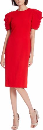 Badgley Mischka Pleated Drape Sleeve Sheath Dress In Red