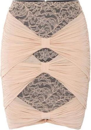 Elisabetta Franchi Rokken, Dames, Roze, M, Katoen, Gebloemde Korte Rok met Gedrapeerd Kant