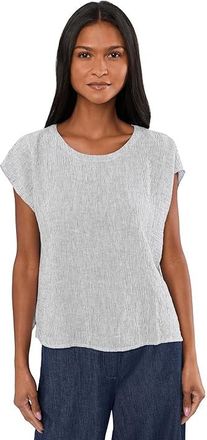 Eileen Fisher Puckered Organic Linen Stripe Jewel Neck Top Womens Clothing White Black : LG, Linen/Seersucker