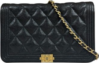 Chanel Boy Chanel Black Grained Calfskin Chain/Shoulder Wallet (Pre-Owned)