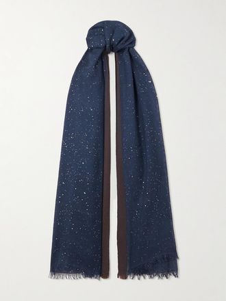 Brunello Cucinelli Sciarpa In Misto Cashmere E Seta Con Paillettes - Blu