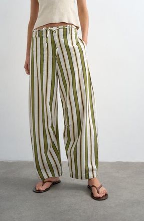 Topshop Stripe Wide Leg Linen & Cotton Pants in Mgreen at Nordstrom, Size 10 Us