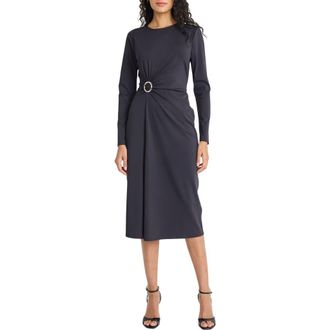 Maggy London Long Sleeve Side Gather Sheath Midi Dress in Black at Nordstrom, Size 10