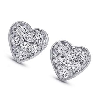 Pompeii3 14K White Gold Diamond Pave Small Heart Studs Dainty High Polished 5.7MM