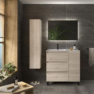 Cygnus Bath Mueble De Ba&ntilde;o Bequia Plus 3c 90cm Natural Lavabo Porcelana Grifo Izquierda