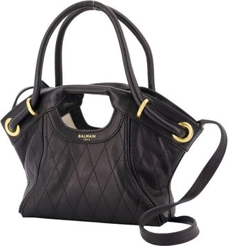 Balmain Womens Quilted Lambskin Top Handle Bag Black