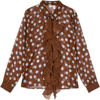 Oltre Polka Dot Shirt met Strik - Dames - Overhemden - Bruin - S - Polyester - Overhemden
