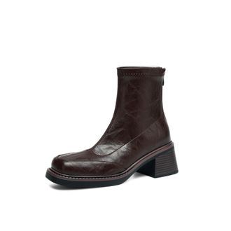 Generic Women Ankle High Distressed PU Leather Square Toe Casual Boots Block Heels Side Zip Pull Tab Slim Fit Comfortable Durable,Brown,4.5 UK