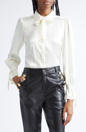 Cinq &agrave; Sept Troyer Tie Neck Silk Button-Up Shirt in Ivory at Nordstrom Rack, Size Medium