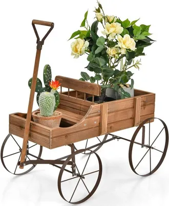 Costway Costway - Carrito De Madera Para Jard&iacute;n Maceta Decorativa Con Ruedas Y 2 Secciones Para Plantas, Porta Plantas (verde)