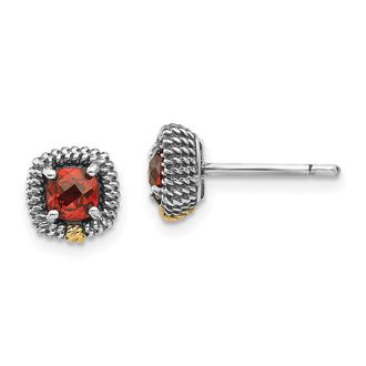 Diamond2Deal Sterling Silver with 14K Accent Antiqued Square Cushion Garnet Earrings