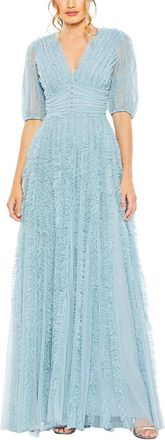 Mac Duggal V Neck Puff Sleeve Ruffle Tiered Mesh A Line Gown