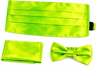 Generic L&L Adult Pre-Tied Bowtie Adjustable Cummerbund and handkerchief Pocket Square 3 pcs Set Satin Plain Solid (Neon green)