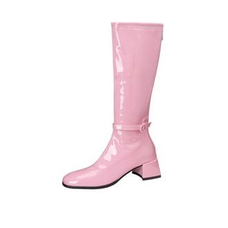 Generic Womens Knee High Riding Boots with Square Toe & Buckle Strap,Autumn and Winter Elegant Style,Pink,6.5 UK