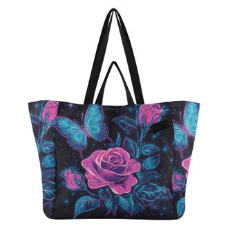 Generic Butterfly Rose Black print Reusable Canvas Tote Bag, Heavy Duty Grocery Shopping Bag with Large Capacity Hard Bottom Double Handles Work Groceries Tra