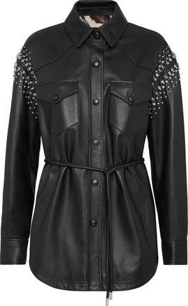 Philipp Plein Leren Overhemdjurk met Kristallen - Dames - Overhemden - Zwart - XS - Leer - Overhemden