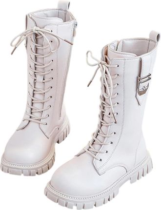 Generic Girls Lace-Up Mid Calf Combat Boots with Side-On Zipper Round Toe Water Proof Comfortable Warm Shoes Chunky Heel Non-Slip Casual Punk Goth Riding Walk