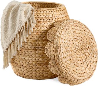 Best Choice Products Scalloped Water Hyacinth Storage Tote Basket with Lid