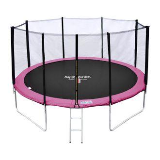 Happy Garden Cama El&aacute;stica De 370cm Reversible Rosa/gris, Pack Trampol&iacute;n Perth + Red De Seguridad + Escalera + Lona + Kit De Anclaje