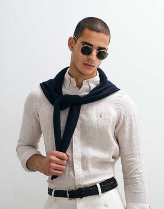 Polo Ralph Lauren Camicia sportiva a maniche lunghe in lino bianco sporco custom fit