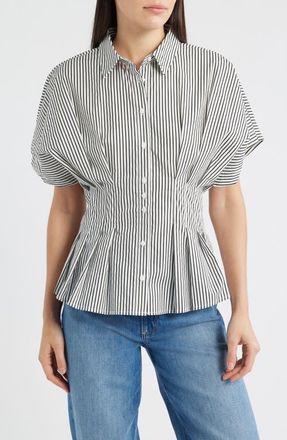Vince Camuto Pleat Waist Dolman Shirt in Rich Black Stripe at Nordstrom, Size Small