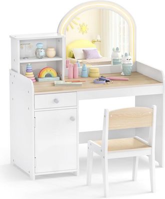 Costway Kids Vanity Table & Chair Set Makeup Playset with Shelves-Natural