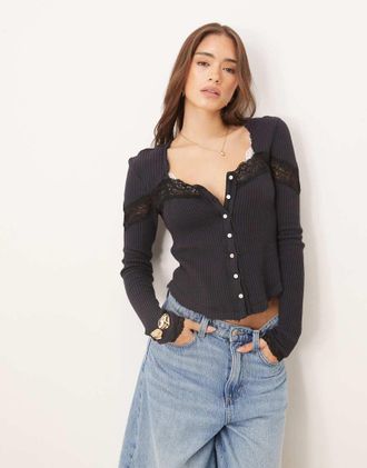 Free People Lets Party - Cardigan nero con inserto in pizzo