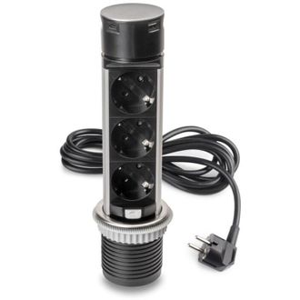 Emuca Multiconector Extra&iacute;ble Vertikal Push 60, Di&aacute;metro 60mm, 3 Enchufes Tipo Schuko, 1 Usb Tipo A, 1 Usb Tipo C, Acero Y Pl&aacute;stico, Acero Inoxidable - Emuc