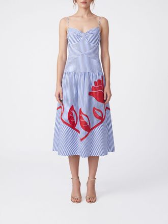 Farm Rio Blue Sky Stripes Floral and Striped Cotton Midi Dress with Sweetheart Neckline