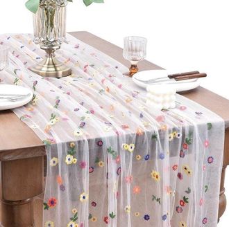 OEM Camino De Mesa De 72 X 300 Cm - Tul Blanco Con Margaritas Bordadas - Elegante Camino De Mesa Floral Para Bodas, Fiestas Y Decoraci&oacute;n De Mesas