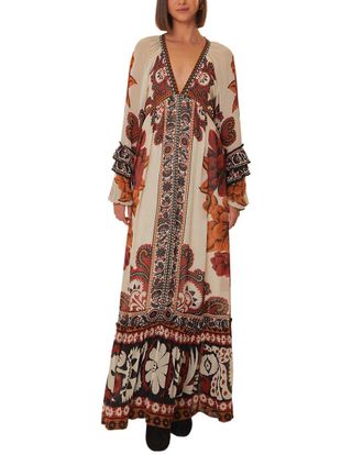 Farm Rio Winter Tapestry Sand V Neckline Long Sleeve Maxi Dress