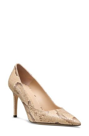 Stuart Weitzman Stuart Power 85 Snakeskin Embossed Pointed Toe Pump in Adobe at Nordstrom, Size 6.5