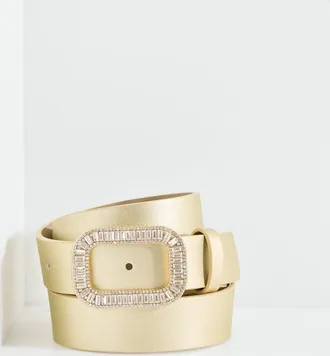 Talbots Rhinestone Buckle Belt - Metallic - Gold Metallic - Medium Talbots